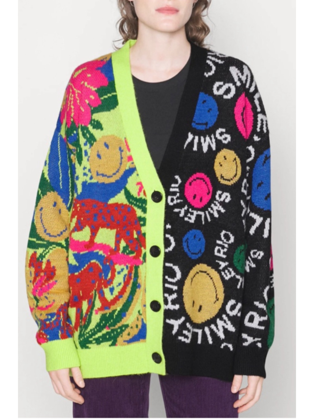 Farm Rio x Smiley Cardigan Neon Multi Colorblock Graphic Knit Sweater Size M